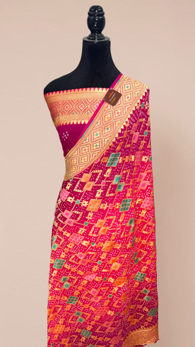 Handwoven Pure Georgette Bandhani Banarasi Saree - Meenakari Work
