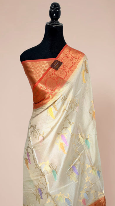 Off white Desi Tussar Banarasi Handloom Saree - Meenakari Jaal