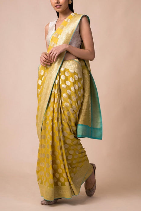 Yellow Pure Khaddi Georgette Banarasi Saree - Water zari