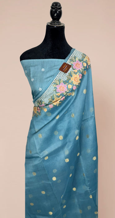 Steel Blue Pure Organza Banarasi Handloom Saree - Chikankari