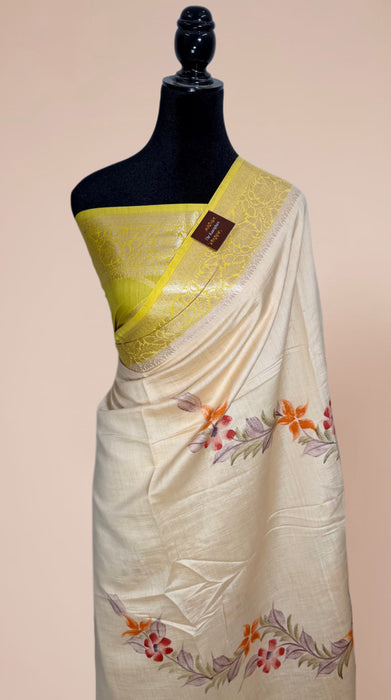 Cream Pure Silk Banarasi Handloom Saree - Hand Painted