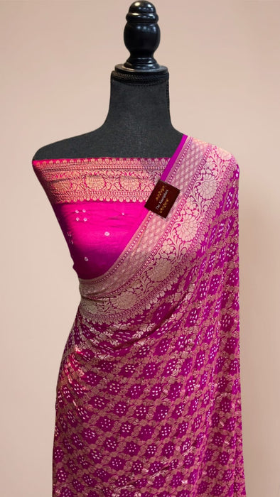 Hot Pink Pure Khaddi Georgette Bandhani Banarasi Saree