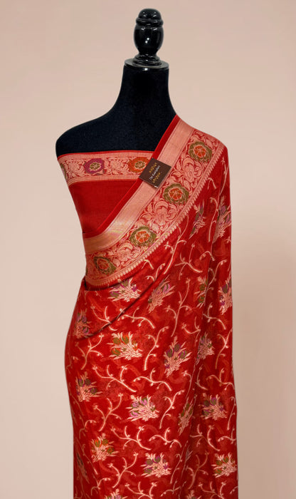 Maroon Pure Khaddi Chiffon Banarasi Saree