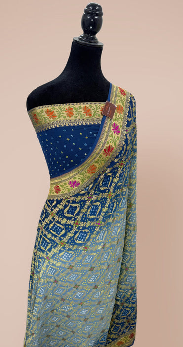Handwoven Pure Georgette Bandhani Banarasi Saree - Meenakari Work