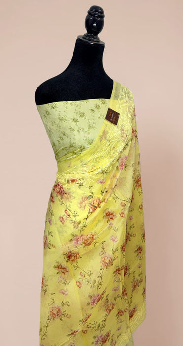 Light lemon Pure Organza Banarasi Handloom Saree - Chikankari with Digital Print