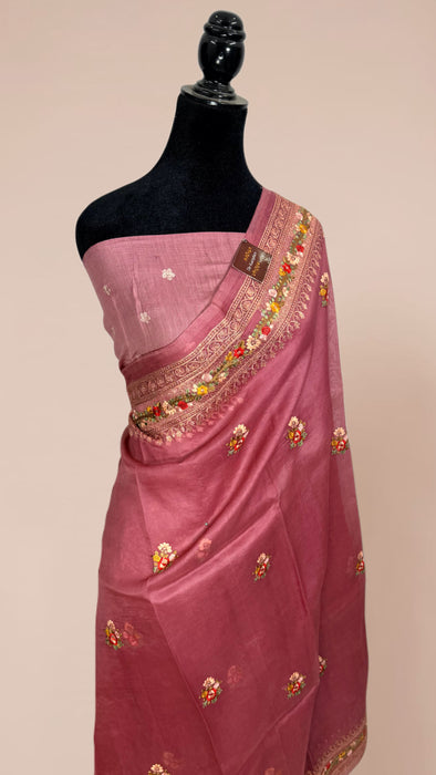 Onion Pink Pure Organza Banarasi Handloom Saree - Chikankari