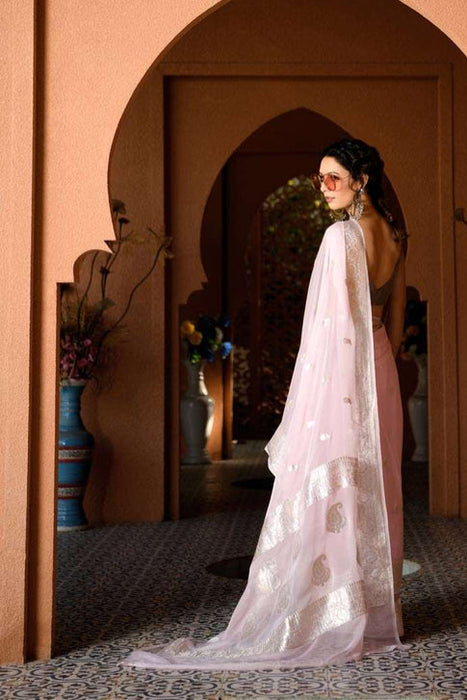 Italian Rose Pure Kadhwa Chiffon Georgette Banarasi Saree - Silver Zari