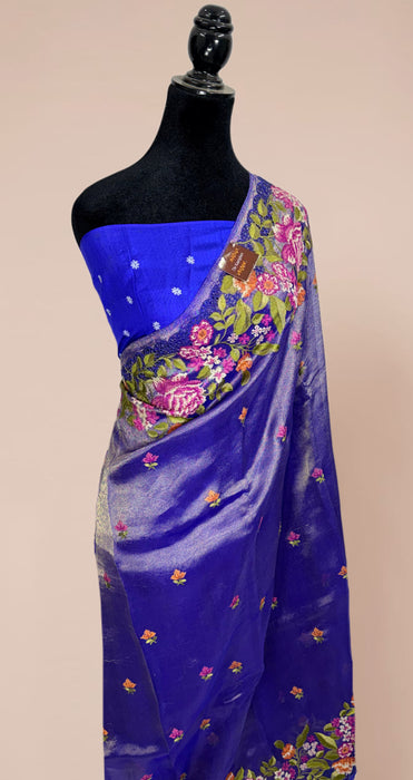 Blue Pure Tissue Banarasi Handloom Saree - Chikankari