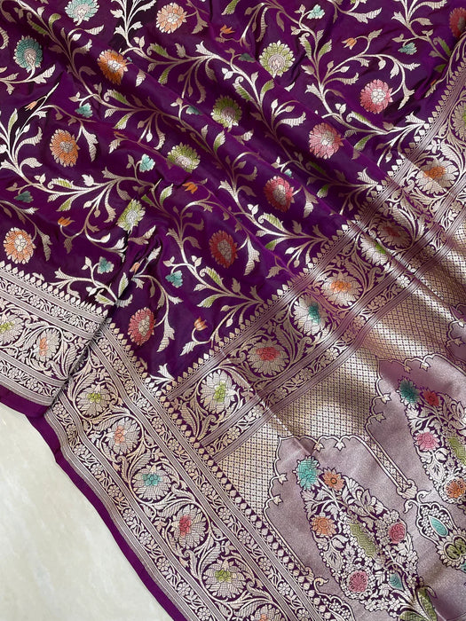Deep Magenta Pure Katan Banarasi Handloom Saree - Handfilled Meenakari
