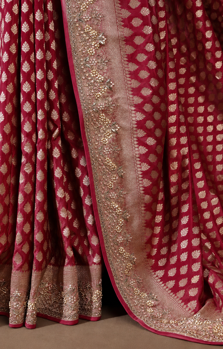 Wine Pure Katan Banarasi Handloom Saree - With Sarowski and Zardozi Work