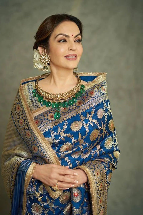 Nita Ambani Blue Pure Katan Banarasi Handloom Saree -Sona Meenakari Jaal Work