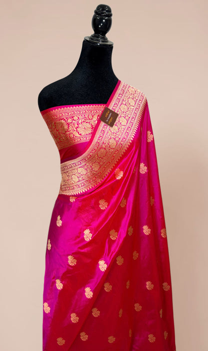 Hot Pink Pure Katan Silk Banarasi Handloom Saree - All over Motifs