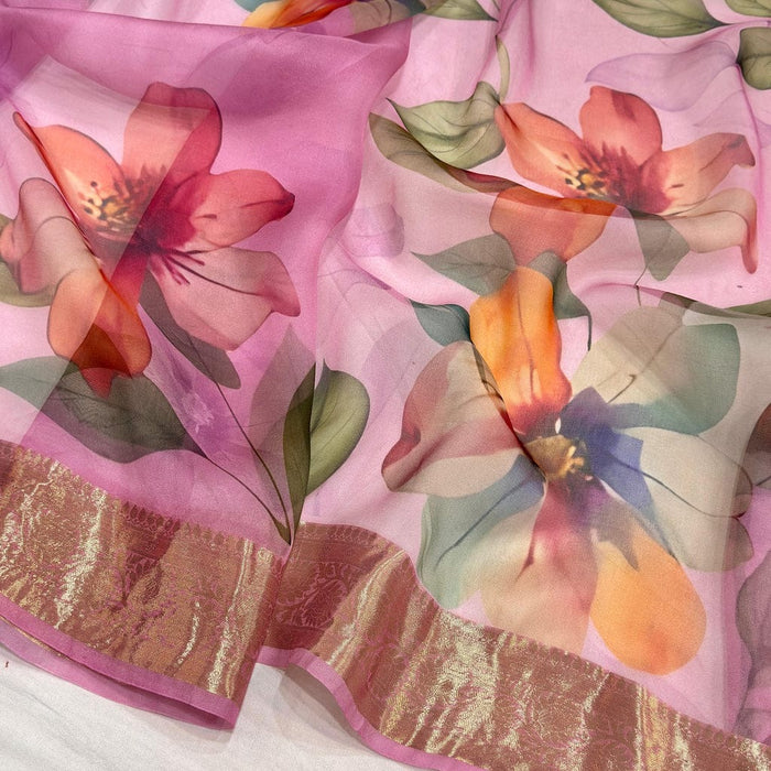 Pink Pure Banarasi Organza Handloom Saree - Floral Print