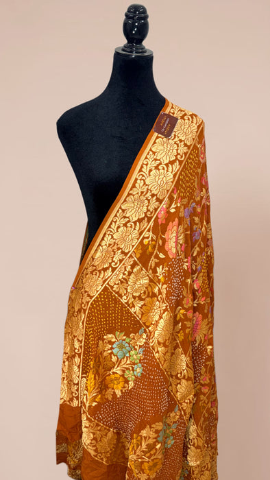 Rust Mustard Pure Georgette Bandhani Banarasi Handloom Dupatta