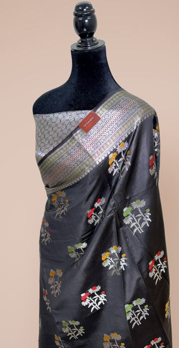 Black Pure Silk Banarasi Handloom Saree - Meenakari
