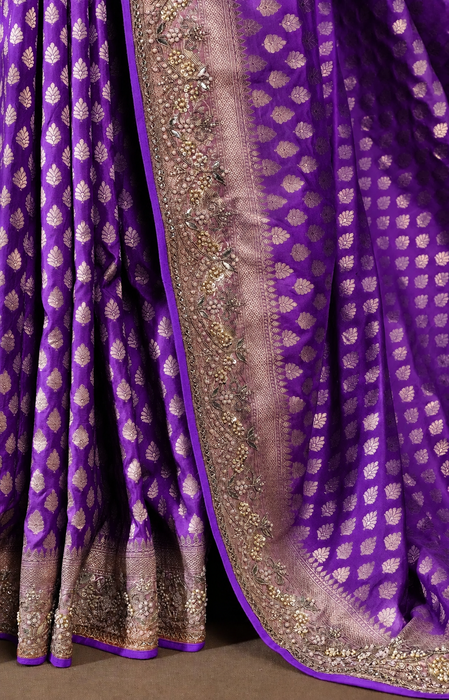Purple Pure Katan Banarasi Handloom Saree - With Sarowski and Zardozi Work