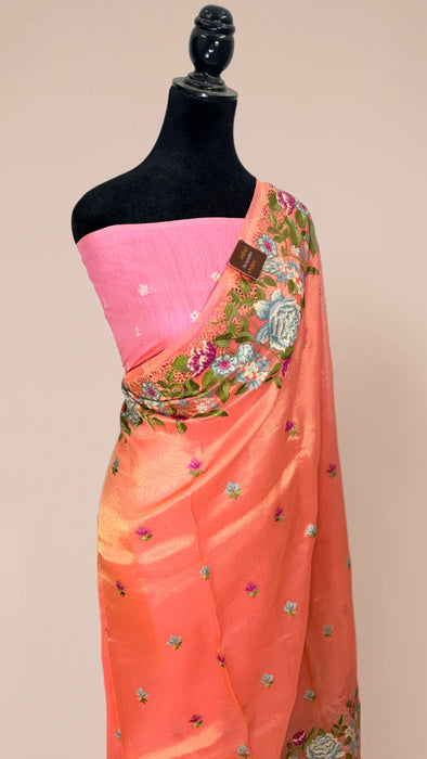 Italian Peach Pure Tissue Banarasi Handloom Saree - Chikankari