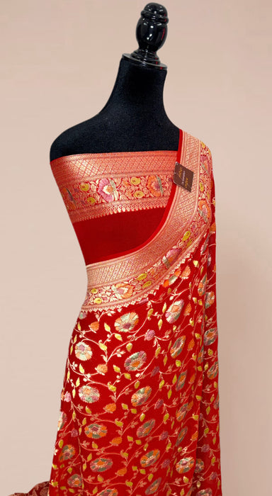 Italian Red Khaddi Georgette Banarasi Handloom Saree - Hand Filled Meenakari