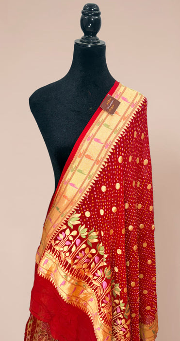 Red Pure Georgette Bandhani Banarasi Handloom Dupatta