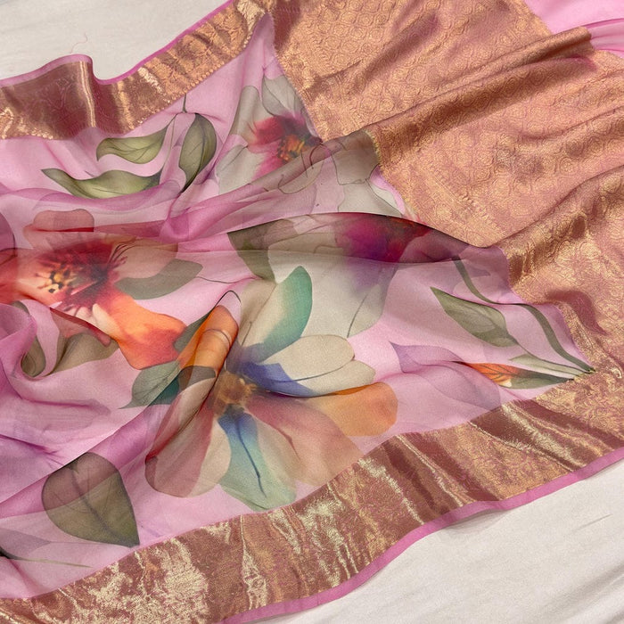 Pink Pure Banarasi Organza Handloom Saree - Floral Print