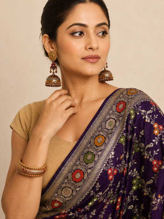 Dark Purple Pure Katan Banarasi Handloom Saree - Meenakari Work