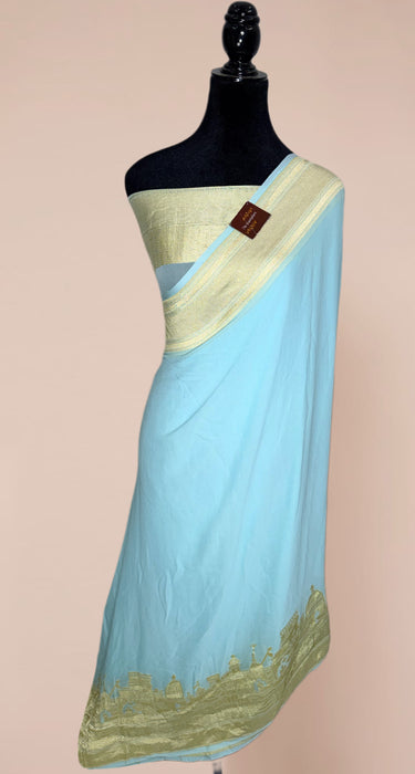 Blue Banarasi Ghat Khaddi Georgette Handloom Saree - Water Zari