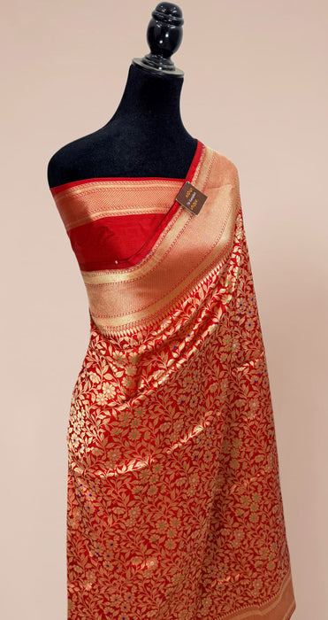 Red Pure Katan Banarasi Handloom Saree - Tilfi Meenakari Brocade Work
