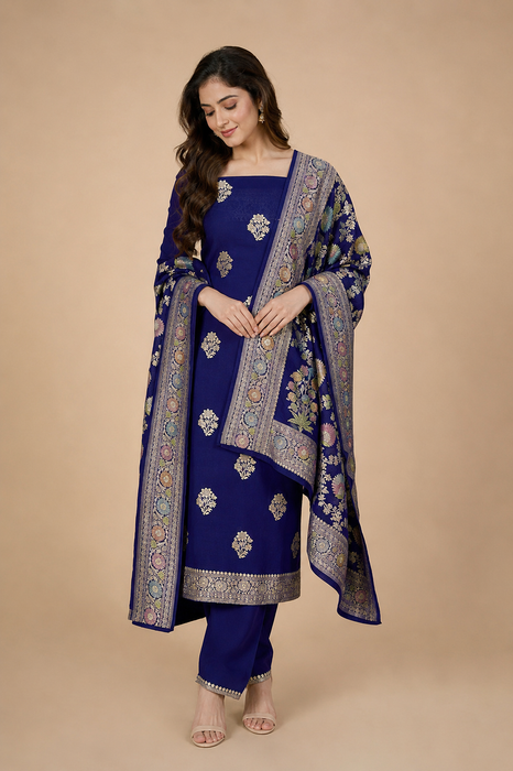 Navy Pure Khaddi Georgette Banarasi Suit - Hand filled Meenakari