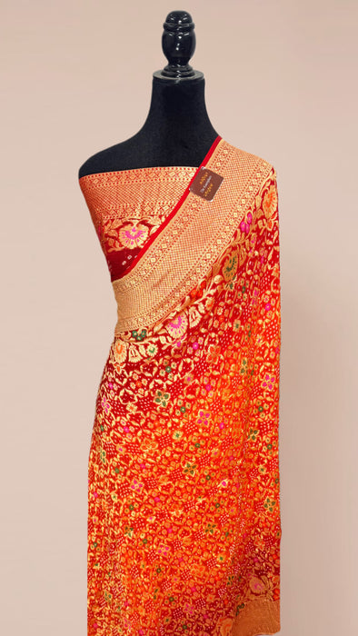 Handwoven Orange Pure Georgette Bandhani Banarasi Saree - Meenakari Work