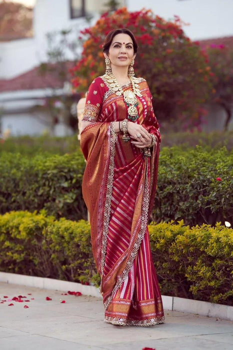 Nita Ambani Red Katan Banarasi Handloom Saree - Kadiyal Sona Roopa Meenakari