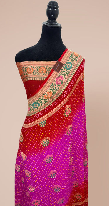 Handwoven Pure Georgette Bandhani Banarasi Saree - Meenakari Work