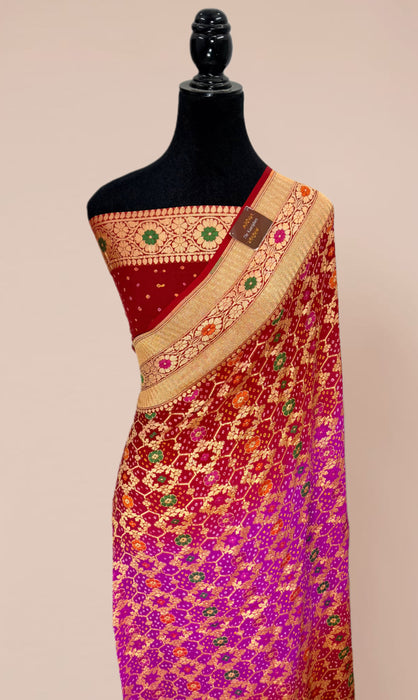 Handwoven Red Pure Georgette Bandhani Banarasi Saree - Meenakari Work