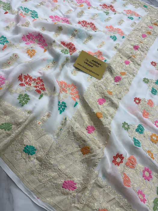 White Khaddi Georgette Banarasi Saree - Meenakari