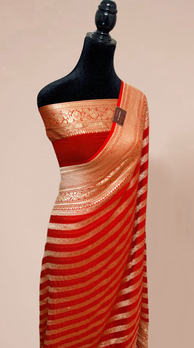 Red Khaddi Georgette Banarasi Handloom Saree - Water Zari