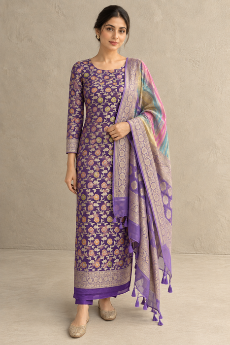 Lavender Pure Khaddi Georgette Banarasi Suit - Rangkat