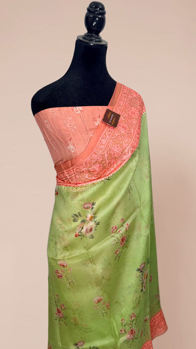 Pista Pure Organza Banarasi Handloom Saree - Chikankari with Digital Print