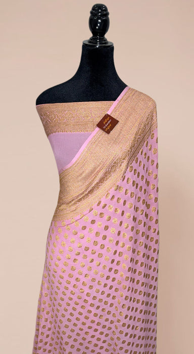 Pink Pure Khaddi Georgette Banarasi Handloom Saree - Antique Zari