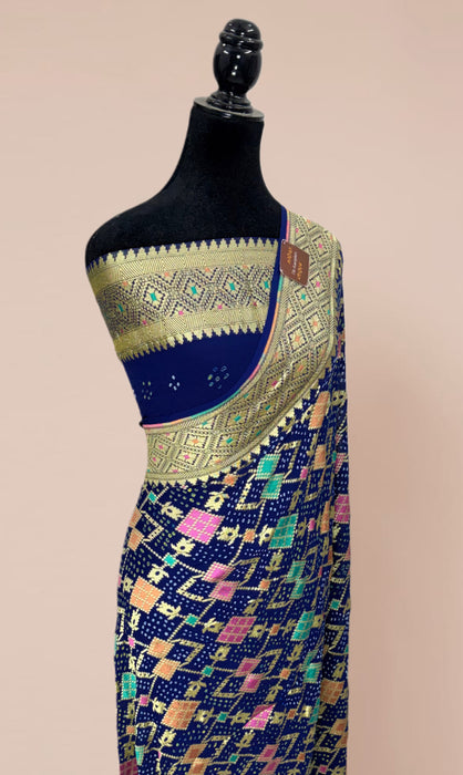 Handwoven Navy Pure Georgette Bandhani Banarasi Saree - Meenakari Work