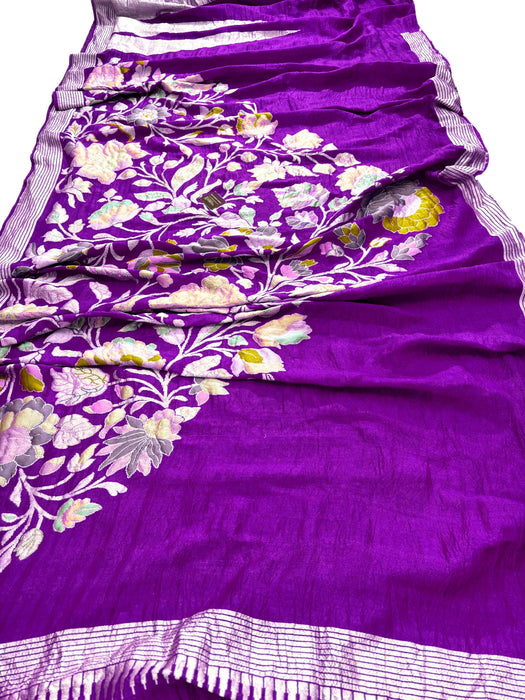 Purple Pure Tussar Georgette Banarasi Handloom Saree - Designer Meenakari
