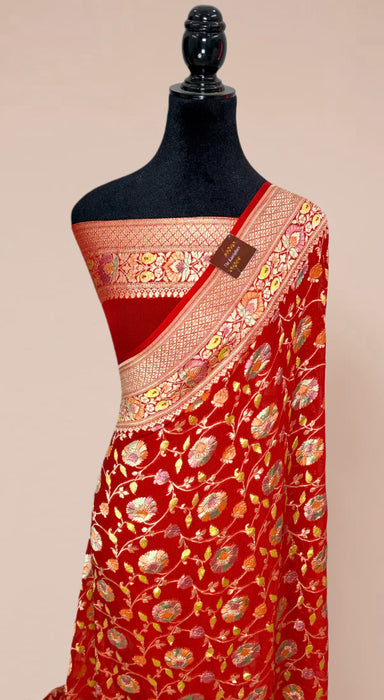Italian Red Khaddi Georgette Banarasi Handloom Saree - Hand Filled Meenakari