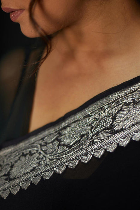 Black Pure Kadhwa Chiffon Georgette Banarasi Saree - Silver Zari