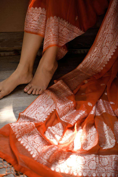 Persian Orange Pure Kadhwa Chiffon Georgette Banarasi Saree
