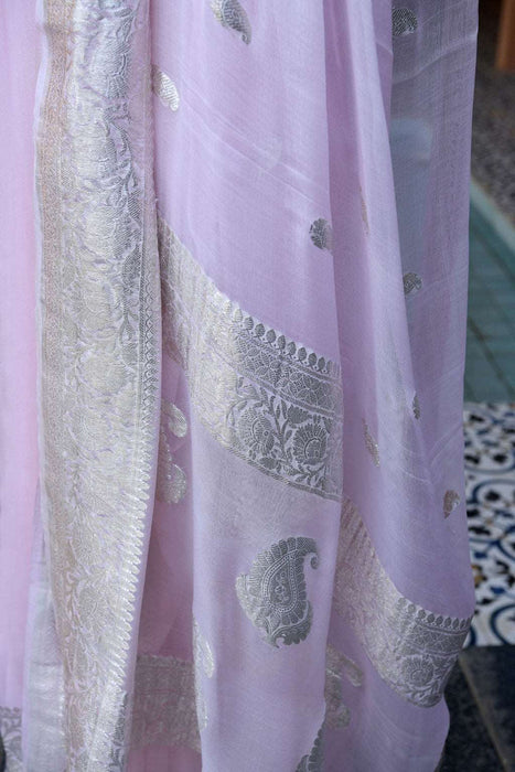 Italian Rose Pure Kadhwa Chiffon Georgette Banarasi Saree - Silver Zari