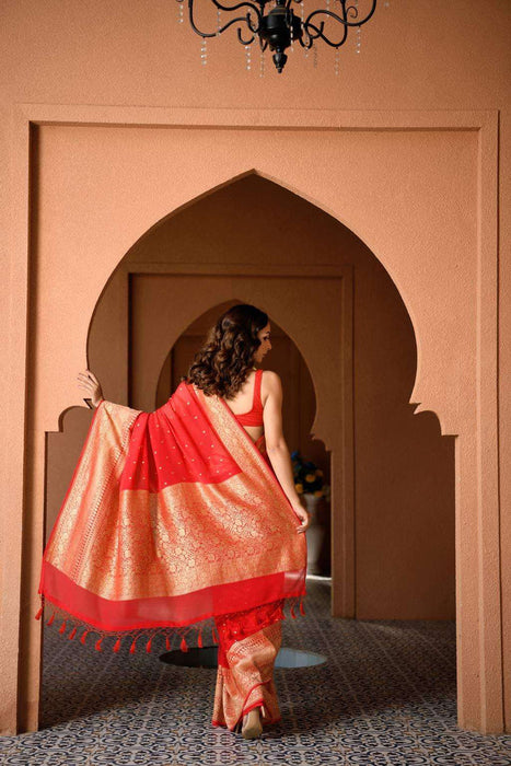 Crimson Red Khaddi Georgette Banarasi Handloom Saree - Gold Zari