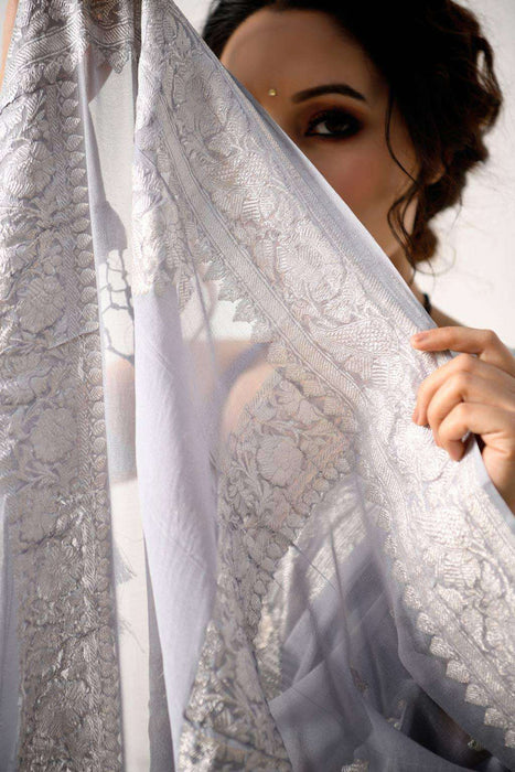 Gray Pure Kadhwa Chiffon Georgette Banarasi Saree - Silver Zari
