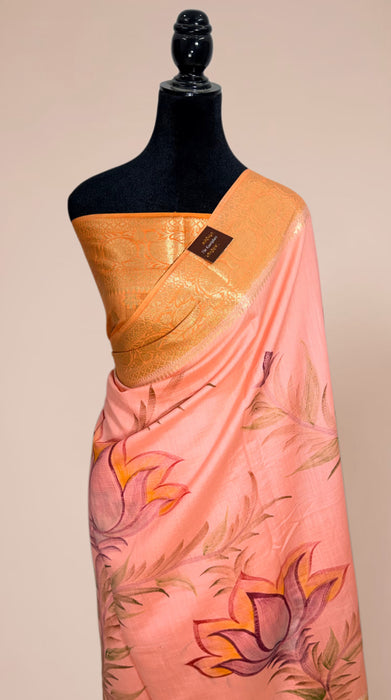 Peach Pure Silk Banarasi Handloom Saree - Hand Painted