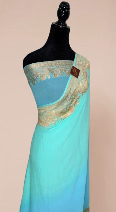 Shaded Blue Banarasi Ghat Khaddi Georgette Handloom Saree - Water Zari