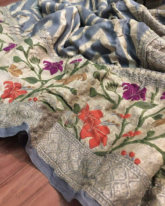 Spanish Grey Pure Khaddi Chiffon Banarasi Saree