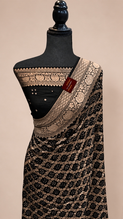 Black Pure Khaddi Georgette Bandhani Banarasi Saree