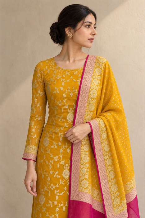 Mustard Pure Khaddi Georgette Banarasi Suit